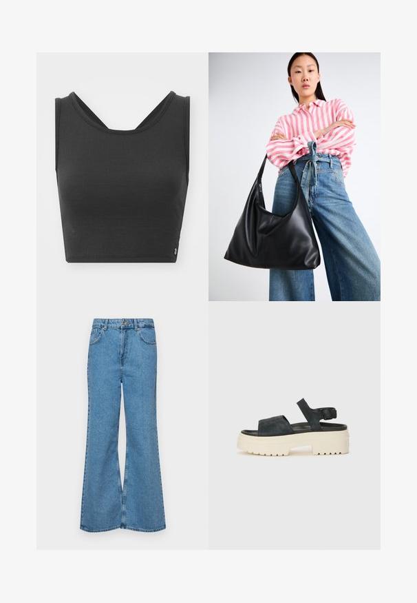 Čierny top so skrátenou dĺžkou, vyrobený z textúrovanej látky, s širokými ramienkami a dizajnom v tvare V na chrbte. Obsahuje minimalistickú estetiku a subtilný dizajnový detail loga.; Svetlomodré rozšírené džínsy vyrobené z denimu, s vysokým pásom, piatimi vreckami a jednopoložkovým zapínaním na gombík. Mäkká textúra s vyblednutým povrchom.; Čierne zamšové platformové sandále s hrubou bielou podrážkou, širokým predným remienkom a nastaviteľným členkovým zapínaním. Textúrovaná podrážka pre lepšiu priľnavosť.; Čierna kožená taška cez rameno s uvoľneným tvarom a detailmi švov. Model má na sebe ružovú a bielu prúžkovanú košeľu a široké modré džínsy.