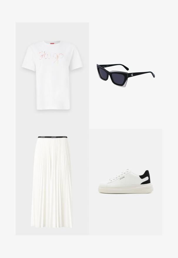 Camiseta de algodón blanca con un logo "Hugo" en cursiva y en rosa dorado brillante en la parte delantera. Cuello redondo estándar y mangas cortas.; Falda blanca plisada con una cinturilla elástica negra que presenta el logotipo "LACOSTE". Diseño de longitud media con textura suave.; Zapatillas blancas de cuero con una suela blanca gruesa, acento en el talón de ante negro y logo grabado en el lateral. Diseño de cordones con seis ojales.; Gafas de sol negras de gran tamaño con una forma geométrica, que presentan lentes oscuros y un detalle gris contrastante en la montura. Logo en la pata.