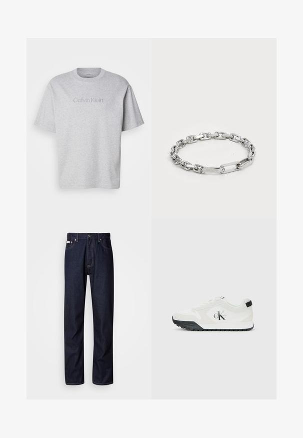 Grå bomulls t-skjorte med korte ermer, med rund hals og brodert "Calvin Klein"-logo på forsiden i en subtil farge.; Mørkeblå denimjeans med rett ben-design, som har knappestolpe, fem lommer og kontrasterende sømdetaljer.; Calvin Klein hvit sneaker med svart såle, semsket skinn og mesh-paneler, CK-logo på siden, samt Calvin Klein-merke på hælen og sålen.; Sølvkjede armbånd med ovale og rektangulære lenker med en glatt tekstur. Gravet Calvin Klein-logo på en flat lenke.