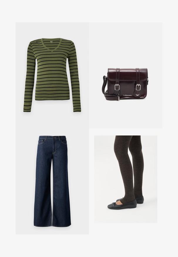 Olive zöld, hosszú ujjú, V nyakú póló fekete vízszintes csíkokkal, testhezálló fazon, GAP címkével a gallér belsejében.; Sötét kék farmer széles lábú nadrág. Kontrasztos varrással, öt zsebhálóval és gombos derékzárással rendelkezik. Simás textúra.; Fekete lapos cipők kis masni díszítéssel az orrán, sötétbarna bordázott harisnyával párosítva. A cipők sima textúrával és alacsony profilúak.; Burgundy lakkbőr keresztpántos táska téglalap alakú, két pánttal, ezüst színű szerelvényekkel és fedélzárral.