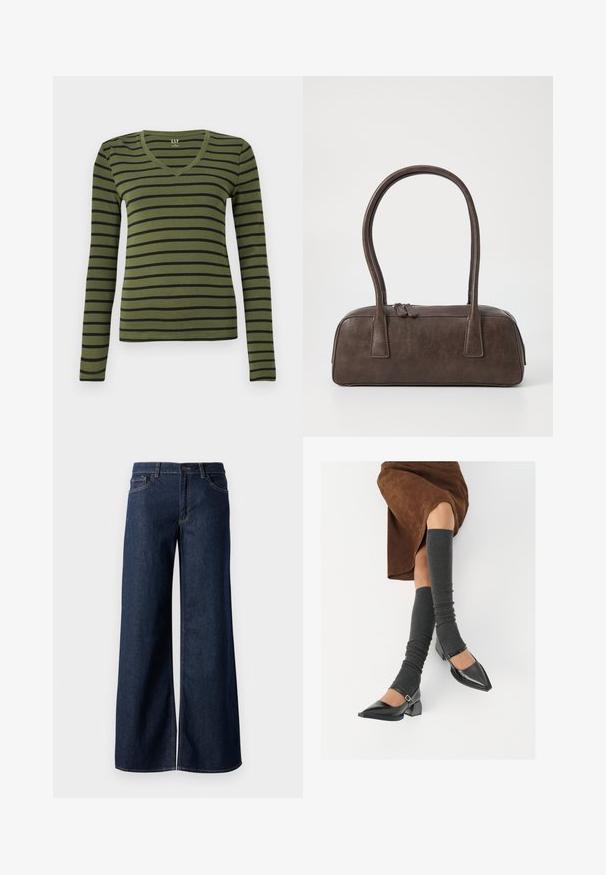 Olive zelen majica z dolgimi rokavi in V-izrezom, okrašena s črnimi vodoravnimi črtami, prilegajočega kroja, z oznako GAP znotraj ovratnika.; Široke hlače iz temnega modrega denima. Imajo kontrastno šivanje, pet žepov in gumbasto zapiranje v pasu. Gladka tekstura.; Črne lakirane čevlje s pointy prsti in blok peto ter z naramnicami za gleženj, ki jih kombiniramo s sivimi rebrastimi nogavicami in rjavim suknjičem iz usnja.; Rjava usnjena torbica z dvema trdnima ročkama, pravokotne oblike, gladke teksture in zadrgo. Minimalističen dizajn brez vidnih vzorcev.