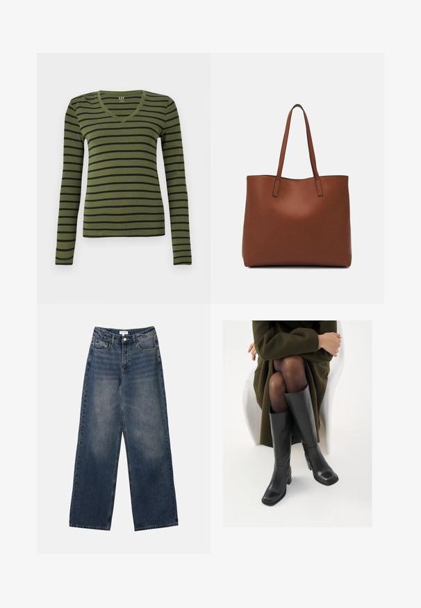 Olive green long-sleeve V-neck shirt with black horizontal stripes, fitted cut, and GAP label inside the collar.; Men’s high-waist blue denim jeans with wide legs, front button and zipper, and front and back pockets.; Knee-high black leather boots with a squared toe and block heel, shown with a model seated in an olive green coat. Smooth texture, minimal detailing.; Brown leather tote bag with a smooth texture, open top design, and two shoulder straps. Features minimal stitching and no visible hardware.