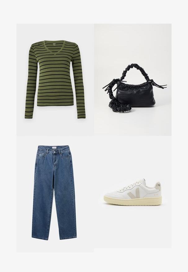 Olivengrøn, langærmet V-hals t-shirt med sorte vandrette striber, tætsiddende pasform og GAP-mærke inde i kraven.; Klassiske blå denimbukser med lige ben, fem lommer og knaplukning. Har en medium vask og en robust tekstur.; Hvide lærreds sneakers med beige ruskindsdetaljer, perforeret tåboks, flade snørebånd og en struktureret cremefarvet sål. Har diskret branding på hælen.; Sort kunstlæder håndtaske med krokodilteksur, indsnøret top og en sammenkrøben rem. Ser blød og kompakt ud i designet.