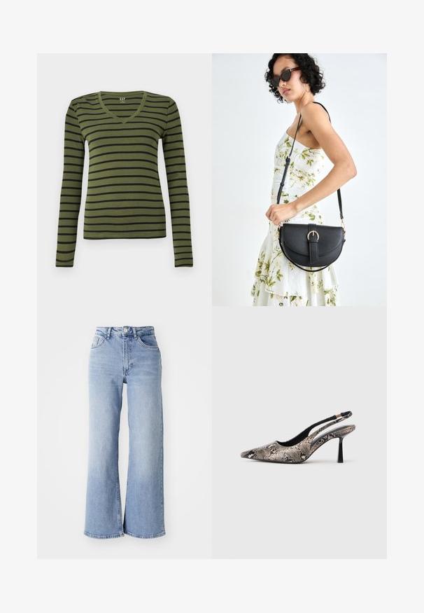 Camisa de manga larga verde oliva con cuello en V y rayas horizontales negras, corte ajustado y etiqueta de GAP en el cuello.; Jeans de tiro alto de pierna ancha en azul claro, con bolsillos delanteros y traseros, cierre de botón y un ligero desgastado en los muslos y los dobladillos.; Zapatos slingback de punta afilada fabricados con un material de estampado de serpiente texturizado, con un delgado tacón negro y un diseño recortado en los laterales.; Bolso de piel negra con forma curva, correa desmontable y herrajes dorados. El bolso cuenta con una solapa con un detalle de hebilla.