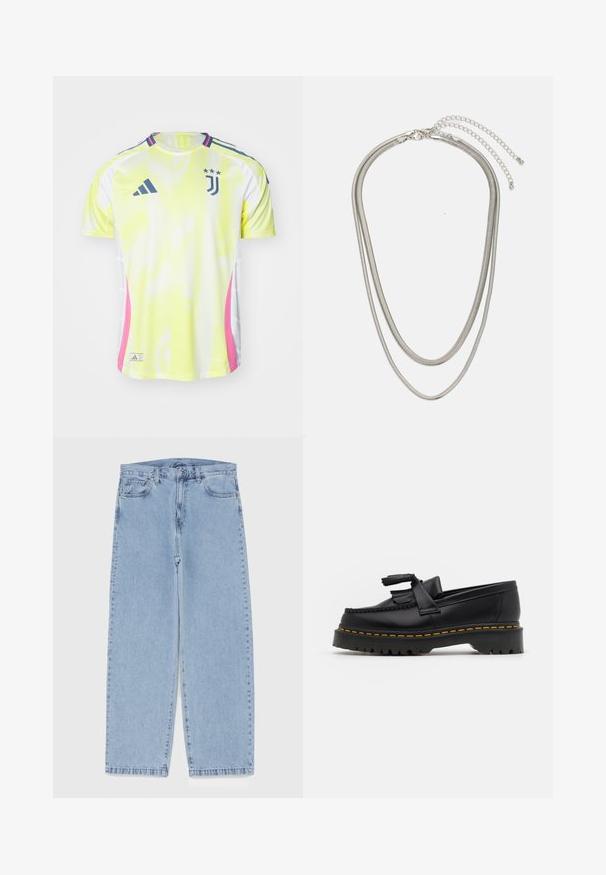 Geel en wit mesh shirt met roze accenten, voorzien van korte mouwen, ronde hals en het Juventus-logo met drie sterren op de borst.; Lichtblauwe denim jeans met een recht model, voorzien van een middelhoge taille, vijf zakken en een knoop- en ritssluiting.; Zwarte leren loafers met een franjesaccent, voorzien van een dikke zwarte zool en gele stiksels langs de rand. Gevoelige afwerking.; Driedelige zilveren metalen halsketting met slanke, flexibele kettingen met een lichte glans, beveiligd met een karabijnhaak en een verstelbare ketting.