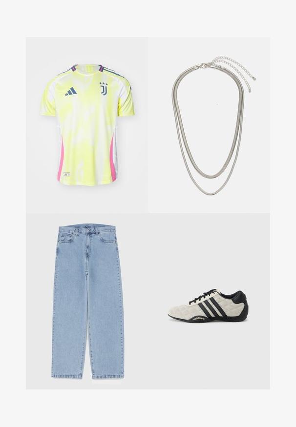 Jersey de malla amarilla y blanca con detalles en rosa, que presenta mangas cortas, cuello redondo y el logotipo de Juventus con tres estrellas en el pecho.; Jean de mezclilla azul claro con diseño de pierna recta, con una cintura de altura media, cinco bolsillos y un cierre de botón y cremallera.; Zapatilla deportiva de Adidas con parte superior texturizada en gris claro y detalles en cuero negro. Presenta el logo de tres rayas en negro y una suela acolchada.; Collar de metal plateado de tres capas que presenta cadenas flexibles y elegantes con un ligero brillo, asegurado con un cierre de langosta y cadena ajustable.
