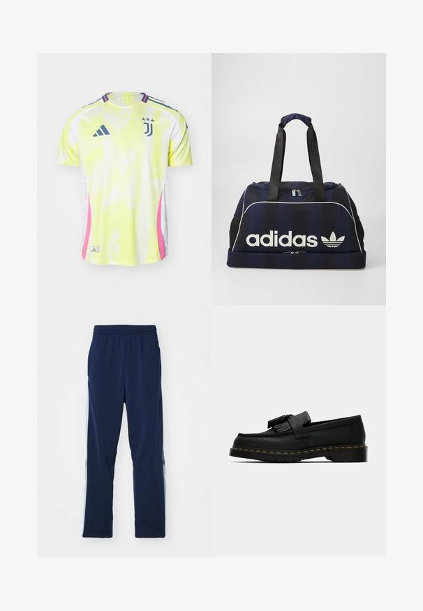 Gelbes und weißes Netz-Trikot mit rosa Akzenten, ausgestattet mit kurzen Ärmeln, rundem Hals und Juventus-Logo mit drei Sternen auf der Brust.; Marineblaue Trainingshose aus elastischem Stoff, mit einem breiten elastischen Bund, geradem Schnitt und leichten seitlichen Akzenten mit Logos.; Schwarzer Lederloafer mit Quasten, gelben Nähten entlang der Sohle und einer dicken, gerippten Gummisohle.; Navy Duffelbag mit weißem Adidas-Logo, ausgestattet mit einem Reißverschluss oben, zwei robusten schwarzen Griffen und seitlichen Netztaschen. Glatte Stoffoberfläche.