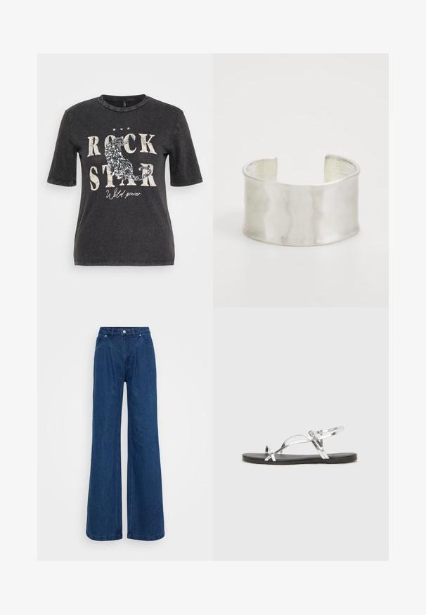 Tricou negru cu mânecă scurtă, având un imprimeu grafic cu textul "ROCK STAR" și accente cu paiete, pe un fundal ușor uzat.; Jeans din denim albastru, cu pantaloni largi, talie înaltă, închidere cu buton și fermoar frontal, și buzunare în față și în spate, pe un fundal simplu.; Sandale metalice argintii cu un design minimal, având curele subțiri și o talpă plată neagră. Printre elementele de atracție se numără accentele cu curele încrucișate.; Zign Brăţară - silver-coloured