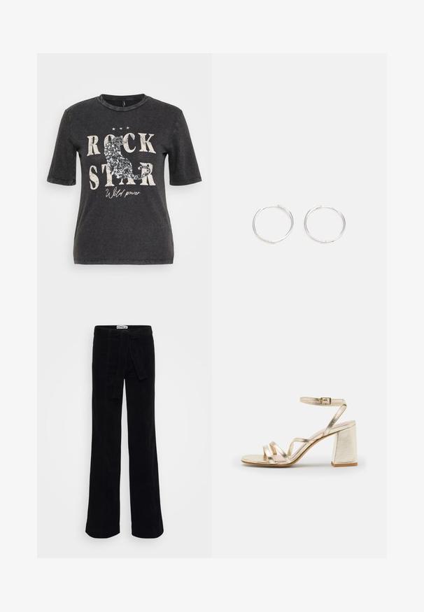 Črna majica s kratkimi rokavi z grafičnim tiskom in napisom "ROCK STAR" ter okrasnimi bleščicami, postavljena na rahlo obrabljeno ozadje.; Črne široke hlače iz kordura z blago, ki imajo subtilne šive in prilegajoč pas za elegantno oblačenje.; Zign LEATHER - Sandali z visoko peto - gold; Srebrne kroglice z elegantnim, okroglim oblikovanjem, z gladko površino in brez vidnih okrasnih elementov. Premer ni določen.