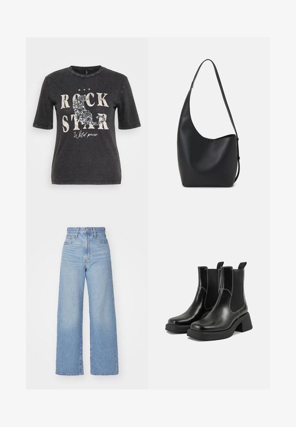 Svart t-skjorte med korte ermer som har et grafisk trykk med teksten "ROCK STAR" og paljettdetaljer, satt mot en lett slitt bakgrunn.; Lys blå høytlivs vide jeans med knapp- og glidelås lukking foran, foran og bak lommer, på en hvit bakgrunn.; Sorte lær Chelsea støvler med en kraftig hæl, elastiske sidepaneler og kontrasterende hvid syning. Teksturert overflate.; Svart lær hobo-veske med glatt tekstur, buet form og enkelt justerbart stropp; har en bred åpning på toppen.