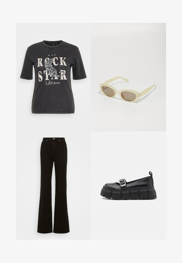Svart t-skjorte med korte ermer som har et grafisk trykk med teksten "ROCK STAR" og paljettdetaljer, satt mot en lett slitt bakgrunn.; Høyt liv svarte utsvingte jeans laget av denim, med knappelukking, sidelommer og en glatt tekstur.; Sorte plattform loafers med avrundet tå, glatt lær-overside, justerbar spenne og teksturert gummisåle med horisontale riller.; Ovale solbriller med en gjennomsiktig lys gul ramme og brune linser. Har en jevn tekstur og subtile metallakenter på sidene.
