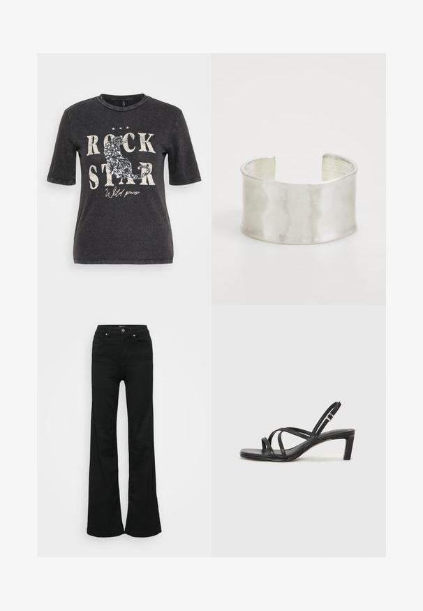 Black short-sleeve t-shirt featuring a graphic print with the text "ROCK STAR" and sequined accents, set against a slightly distressed background.; Black flared jeans made from denim, featuring a high waist, five pockets, and metal button closure. Smooth texture with minimal detailing.; Black strappy sandal with a square toe and a low block heel. Features multiple thin straps and an adjustable ankle strap. Made of smooth leather.; Zign Bracelet - silver-coloured