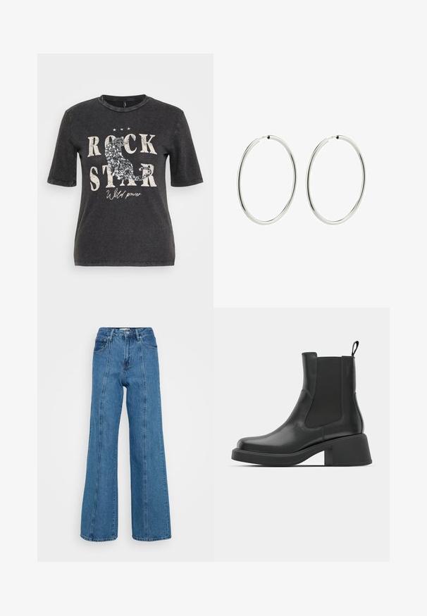 Mustan lyhythihaisen T-paidan, jossa on graafinen printti "ROCK STAR" ja paljettikoristeita, taustalla hieman kulunut ilme.; Vaaleansiniset korkeavyötäröiset farkut, joissa on leveä lahje, on valmistettu denimistä, jossa on teksturoitu pinta ja etusaumayksityiskohdat.; Mustat nahkaiset nilkkurit, joissa on joustavat sivupaneelit, pyöristetty kärki ja tukevat lohkare korkokengät. Liukas pinta ja minimalistinen muotoilu.; Hope hopea, jossa on sileä ja kiillotettu pinta. Pyöreä muoto, tasainen leveys, suunniteltu helppoa kiinnittämistä varten. Yksinkertainen ja elegantti.