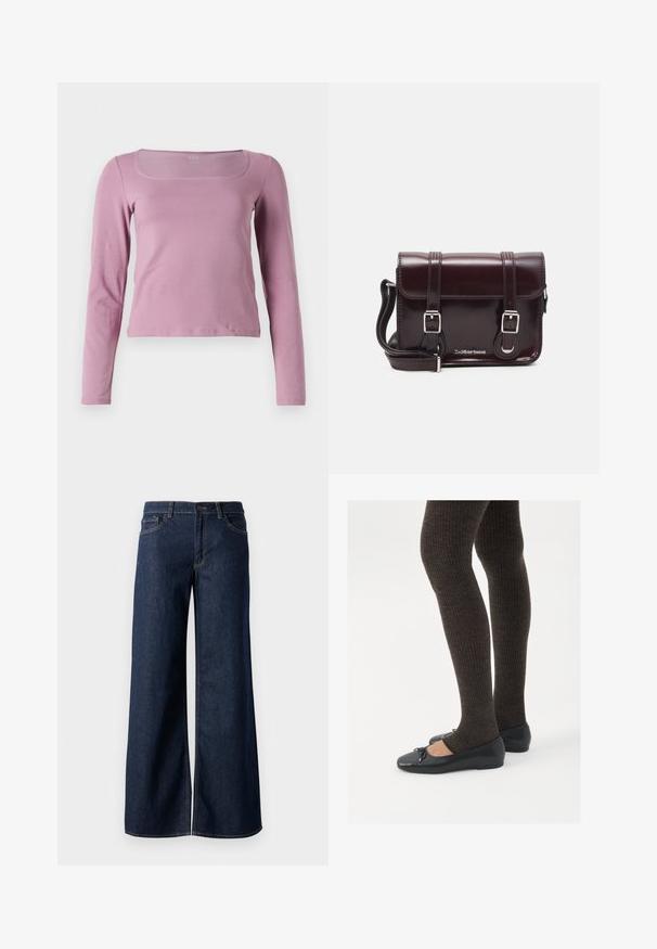 Maglietta a maniche lunghe di colore rosa chiaro, con scollatura quadrata, design aderente e tessuto morbido e elasticizzato. Stile semplice e versatile.; Jeans a gamba larga in denim blu scuro. Presentano cuciture a contrasto, cinque tasche e una chiusura con bottone in vita. Texture morbida.; Scarpe nere a flat con un piccolo fiocco sulla punta, abbinate a collant a coste marrone scuro. Le scarpe hanno una texture liscia e un profilo basso.; Borsa a tracolla in pelle verniciata bordeaux con forma rettangolare, due manici, accessori in argento e chiusura a patta.