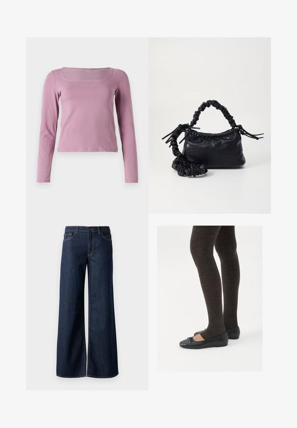 Hosszú ujjú felső világos rózsaszínben, négyzet alakú dekoltázsával, testhez simuló fazonjával és sima, rugalmas anyagával. Egyszerű és sokoldalú stílus.; Sötét kék farmer széles lábú nadrág. Kontrasztos varrással, öt zsebhálóval és gombos derékzárással rendelkezik. Simás textúra.; Fekete lapos cipők kis masni díszítéssel az orrán, sötétbarna bordázott harisnyával párosítva. A cipők sima textúrával és alacsony profilúak.; Fekete műbőr kézi táska krokodil bőr textúrával, összehúzható tetejű és gyűrt pánttal. Lágy és kompakt dizájnúnak tűnik.