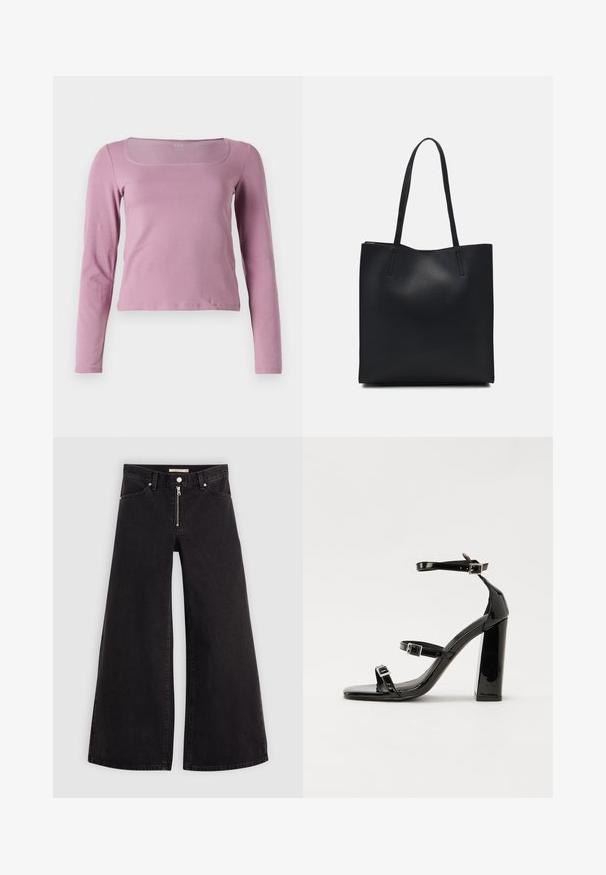 Long-sleeve top in light pink, featuring a square neckline, fitted design, and smooth, stretchy fabric. Simple and versatile style.; Wide-leg jeans in black denim with a zippered front, five-pocket design, and subtle stitching details. Smooth texture and casual style.; Black patent heeled sandals with a square toe, ankle straps, and silver buckles. Features a chunky block heel for stability.; Black leather tote bag with smooth texture, rectangular shape, and two long handles. No visible hardware or embellishments.