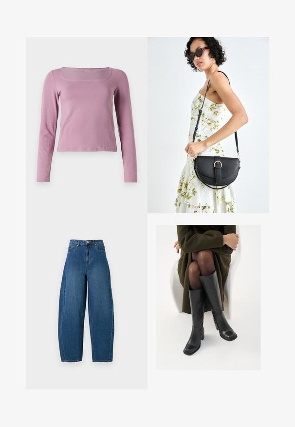 Langärmliges Oberteil in zartem Rosa, mit quadratischer Ausschnitt, taillierter Passform und glattem, dehnbarem Stoff. Einfacher und vielseitiger Stil.; Denimjeans in einer mittleren blauen Waschung, mit hoher Taille, weit geschnittenem Bein und dem typischen fünf Taschen Design mit sichtbaren Nahtdetails.; Knöchelhöhe schwarze Lederstiefel mit quadrater Spitze und Blockabsatz, gezeigt mit einem Modell, das einen olivgrünen Mantel trägt. Glatte Textur, minimale Details.; Schwarze Lederhandtasche mit geschwungener Form, abnehmbarem Tragegurt und goldenen Beschlägen. Die Tasche verfügt über einen Deckel mit einer Schnallen-Details.