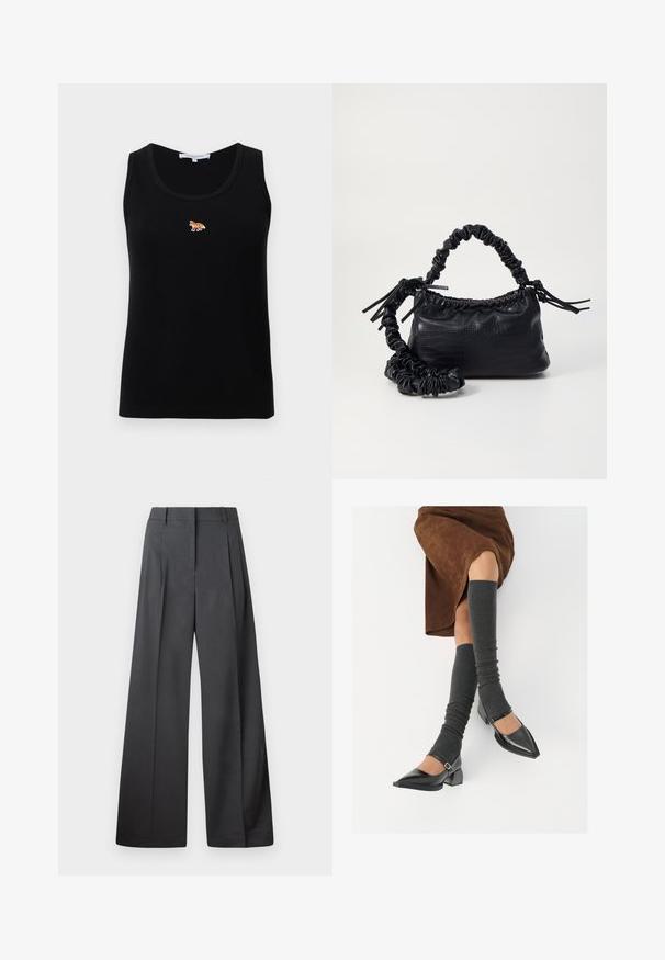 Top fără mâneci, cu un model rib făcut din material negru, cu un mic logo brodat al unei vulpi portocalii, centrat pe piept.; Pantaloni culți din țesătură gri închis, cu talie înaltă, pliuri simple și o textură netedă, cu o finisare curată la tivuri.; Pantofi negri din piele lacuită, cu vârful ascuțit, toc bloc și curea la glezna, asortați cu jambiere gri cu nervuri și o fustă din suede maro.; Geantă din faux leather neagră cu textură de crocodil, cu partea superioară strânsă și o curea mototolită. Pare moale și compactă ca design.