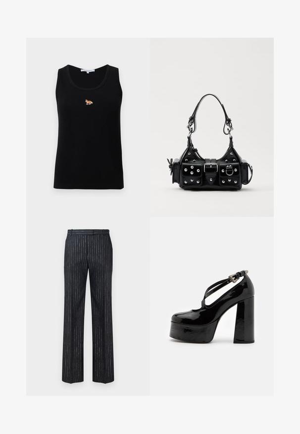 Black sleeveless ribbed tank top with small embroidered orange fox logo centered on the chest.; Dark striped trousers featuring a wide-leg design, made from textured fabric with vertical silver pinstripes. Flat front and belt loops.; The Kooples CHAUSSURES - High heels - black; Black leather handbag with a curved design, featuring silver studs, a buckle, and two side pockets. Adjustable strap for carrying options.