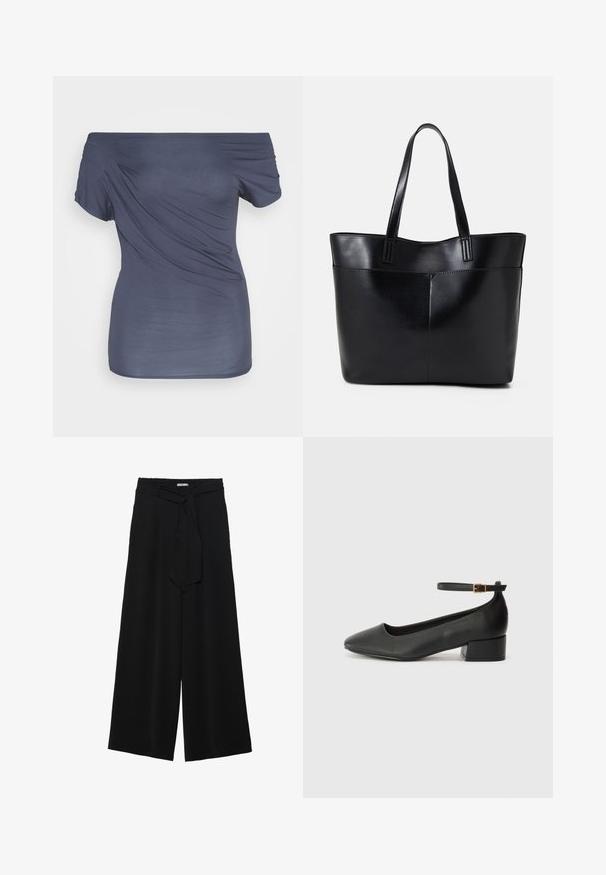 Off-the-shoulder, dark navy top made of soft, smooth fabric. Features draped design with short sleeves and a fitted silhouette.; Black wide-leg pants featuring a textured fabric, an elastic waistband, and a detachable sash tie at the waist for adjustable fit.; Black leather pump with a pointed toe and a low block heel. Features an ankle strap with a gold-tone buckle. Smooth texture.; Black leather tote bag with two long handles, a smooth texture, and a structured shape. Features a front pocket for additional storage.