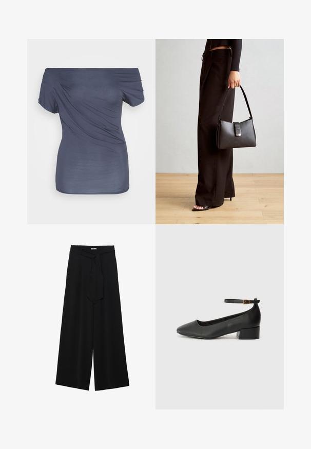 Õlavarrelt avatud tume mereroheline topl, mis on valmistatud pehmest ja siledast kangast. Omab voolavat disaini, lühikesi varrukaid ja istuvat siluetti.; Mustad laiad püksid, millel on tekstureeritud kangas, elastne vöökoht ja eemaldatav pael vööst, et reguleerida sobivust.; Must mustaapp, millel on terav nina ja madal blokk-kand. Omab pahkluu rihma koos kuldse tooni pandlaga. Sile tekstuur.; Must musta kott, millel on struktureeritud kuju, sile tekstuur ja metallist klamber. Kombineeritud laiate mustade pükstega ja avatud varvaste sandaalidega puidust põrandal.