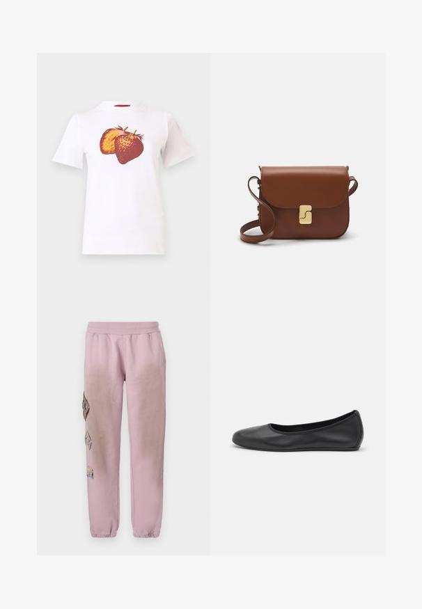White cotton T-shirt featuring a graphic of two strawberries in red and yellow hues, short sleeves, and a round neckline.; Pink sweatpants with an elastic waistband, featuring decorative patches in diamond shapes on the left side and elastic cuffs at the ankles.; Black leather ballet flat with a rounded toe, smooth texture, minimal stitching detail, and a flexible sole design.; Brown leather handbag with a flap closure, gold-tone hardware, a shoulder strap, and a smooth texture. Compact rectangular shape.