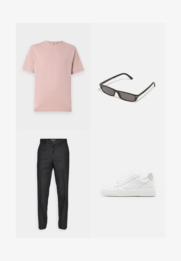 Light pink cotton t-shirt with a classic crew neck and short sleeves. Smooth texture and straight fit, featuring minimal design elements.; Black trousers made of a smooth fabric, featuring a front button closure, straight legs, and no visible pockets or patterns.; White leather sneakers with a smooth finish, rounded toe, flat laces, and a textured sole. Grey suede accent at the heel.; Black rectangular sunglasses with dark lenses. Plastic frame with a matte finish. Gold accents on the arms and logo branding.