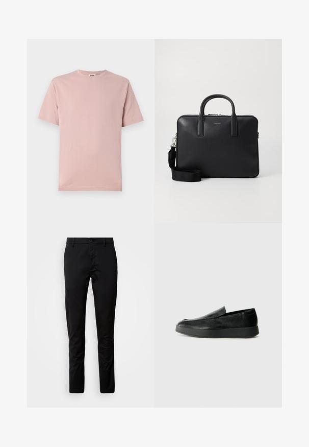 Světle růžové bavlněné tričko s klasickým kulatým výstřihem a krátkými rukávy. Hladká textura a rovný střih, s minimem designových prvků.; Černé kalhoty slim fit vyrobené z hladké látky. Mají pas s knoflíkovým zapínáním a rovné nohavice.; Calvin Klein HYBRID CUP - Polobotky - triple black; Černý kožený aktovka s strukturovaným povrchem, dvojitými uchy, odnímatelným ramenním popruhem a předním logem. Uzavření na zip.