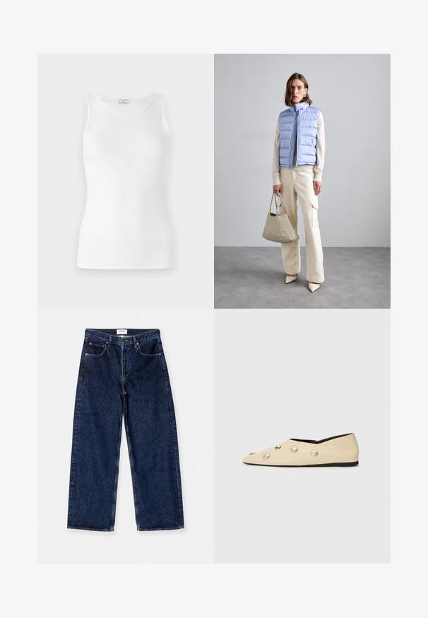 White ribbed tank top with a round neckline, slim fit, and smooth texture. No visible hardware or patterns. Suitable for casual wear.; Dark blue denim wide-leg jeans featuring a high waist, front pockets, and a smooth texture with subtle stitching accents.; CLOSED Ballet pumps - ecru; DRAGON DIFFUSION SANTA CROCE BIG - Handbag - pearl