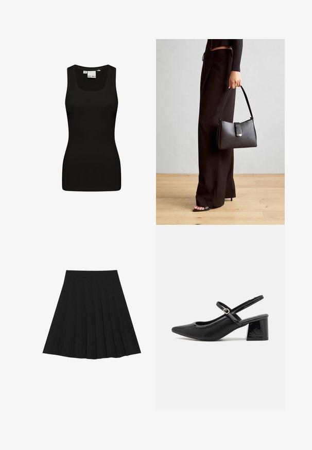 Must Black tank top, mis tehtud sujuvast ja elastsetest kangast. Omab ümmargust kaelust ja laiu rihmu, sobib kindlalt ja on sujuva disainiga.; Must mustriga seelik, millel on tekstureeritud kangas ja kitsas vöökoht. Ulatuv põlveni, omadab sujuvat ja lõputut siluetti.; Mustad läikivad nahast slingback-kõrged kontsad, millel on terav nina, ümar lõikekujundus ja blokknina. Omab kuldset nupu aktsenti.; Must musta kott, millel on struktureeritud kuju, sile tekstuur ja metallist klamber. Kombineeritud laiate mustade pükstega ja avatud varvaste sandaalidega puidust põrandal.