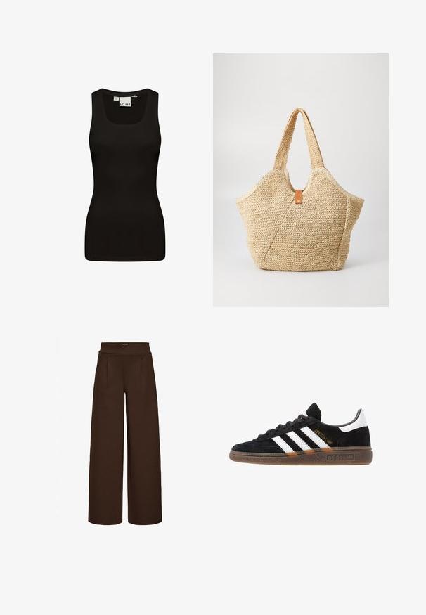 Must Black tank top, mis tehtud sujuvast ja elastsetest kangast. Omab ümmargust kaelust ja laiu rihmu, sobib kindlalt ja on sujuva disainiga.; Pruunid laiade jalgadega püksid, mis on valmistatud siledast kangast, kõrge vöökoht ja kaks esistarti, loodud mugavaks istuvuseks.; Mustad must Adidas'i sneaker valgete triipudega, kuldse "Spezial" tekstiga, kummi tallaga ja valge kontsaga, kujutatud külgvaates.; Suur õlgkott, millel on tekstureeritud beež välimus ja kaks laia sang. Omab nahast kaunistusrihma sulgemiseks.