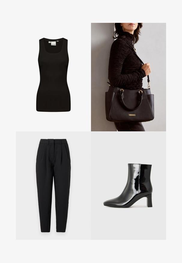 Sort tanktop lavet af glat, strækbart stof. Har en rund halsudskæring og brede stropper, med et tætsiddende, sømløst design.; Sorte bukser med lige pasform, der har præferencer foran, en glat tekstur og sidelommer. Taljen har standardhøjde.; Sort lakeret ankelstøvle med spids tå og en midt-højde blokhæl. Glat tekstur og minimalistisk design.; Sort håndtaske med struktureret overflade, dobbelt topbærere og justerbar skulderrem. Udstyret med guldfarvet metalhardware og sidelommer.