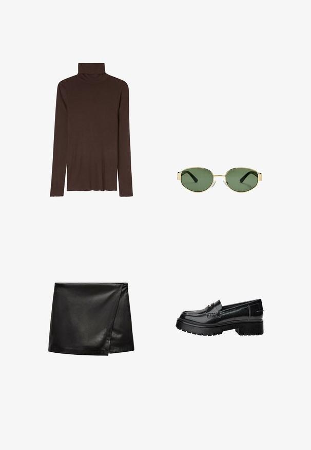 Bruine coltrui met lange mouwen, gemaakt van zachte stof. Heeft een aansluitende kraag en een relaxte pasvorm, met een rechte zoom aan de onderkant.; Zwarte leren mini-jurk met een wikkelontwerp, voorzien van een gladde textuur en minimalistische stijl. Geen zichtbare hardware of patronen.; Zwarte gepatineerde leren instappers met een chunky zool, voorzien van een decoratieve band en subtiele stikseldetails. Rubberstructuur op de buitenzool.; Gouden metalen montuur zonnebril met groene getinte lenzen, ovale vorm, zwarte pootjes en doorzichtige neuspads. Strak, minimalistisch ontwerp.; Zwarte leren handtas met een gouden hardware accent, voorzien van een kenmerkende sluiting, een afneembare schouderband en een ge textureerd oppervlak.