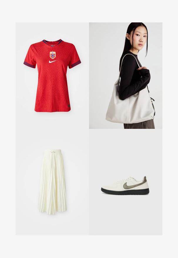 Raudona Nike marškinėliai su tekstūruotais dryželiais, apvali apykakle, mėlynos akcentai ant rankovių ir Norvegijos nacionalinės komandos emblemą ant krūtinės.; Šviesiai geltona, krokuota midi sijonas, su elastinga juosta ir juostele, glotnaus audinio tekstūra ir vertikalios juostelės papildomam akcentui.; Nike Sportswear FIELD GENERAL - Sportbačiai - off-white/black; Bežinė rankinė, pagaminta iš minkštos medžiagos, turinti laisvą dizainą, siuvinėtas detalės ir dvi petnešos. Tinkama kasdieniam naudojimui.