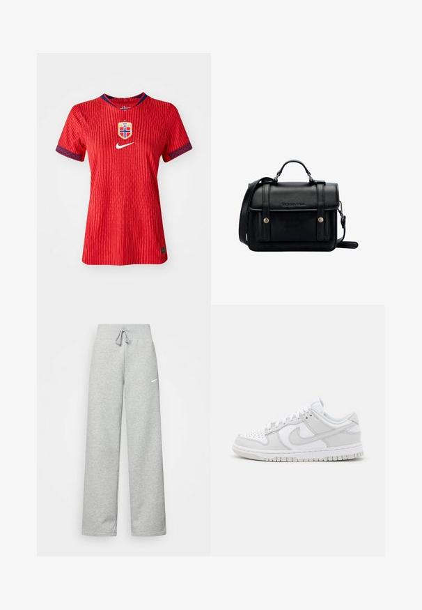 Červený dres Nike s texturovanými pruhy, kulatým výstřihem, modrými akcenty na rukávech a emblémem národního týmu Norska na hrudi.; Šedé tepláky s elastickým pasem, detaily se šňůrkou a malým bílým logem Nike na levém stehně. Měkká tkanina, volný střih.; Bílé kožené tenisky s šedými detaily, perforovaná špička, ploché tkaničky, polstrovaný límec a texturovaná gumová podrážka.; Černá kožená kabelka přes rameno se strukturovaným designem, vrchní rukojetí, nastavitelným popruhem, přední klopou a kovovými akcenty. Na přední straně obsahuje logo.