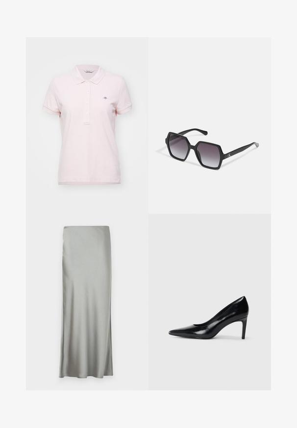 Vaaleanpunainen polo-paita, joka on valmistettu puuvillasta ja jossa on klassinen kaulus, lyhyet hihat, viisi nappia edessä ja pieni brodeerattu logo.; Vaaleanharmaa satiininen maksihame, jossa on sileä rakenne ja sivuventtiili, suunniteltu suoran leikkauksen ansiosta, mikä luo virtaavan siluetin.; Mustat nahkakengät korkealla korolla, terävä kärki, sileä pinta ja kapeneva korko. Minimalistinen muotoilu, ei ylimääräisiä koristeita.; Mustat kuusikulmaiset aurinkolasit, joissa on gradient-linssit, kiiltävä pinta ja hienovarainen brändäys sankassa. Kestävä muovinen rakenne.