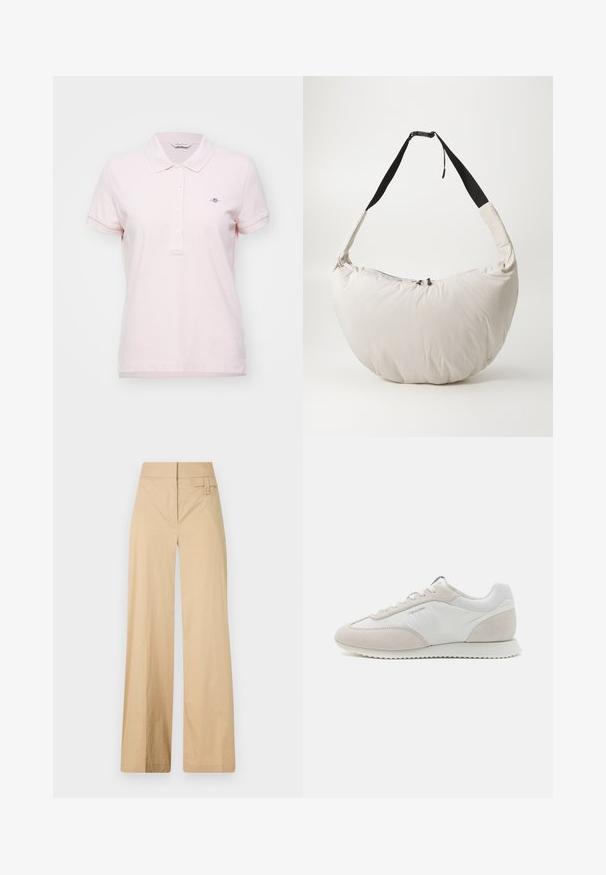 Světle růžová polo tričko vyrobené z bavlny, s klasickým límcem, krátkými rukávy, pěti knoflíky vpředu a malým vyšitým logem.; Béžové kalhoty s širokými nohavicemi vyrobené z bavlněné směsi. Mají hladkou texturu, elastický pas a boční detail s knoflíkem.; Světle barevné tenisky s kombinací bílé kůže a béžové semišové kůže, s texturovanou podrážkou a minimálním brandingem po straně.; Svetle béžová polstrovaná taška přes rameno s zakřiveným tvarem ve tvaru půlměsíce. Černý popruh, uzávěr na zip a decentní logo na přední straně. Měkká textura.
