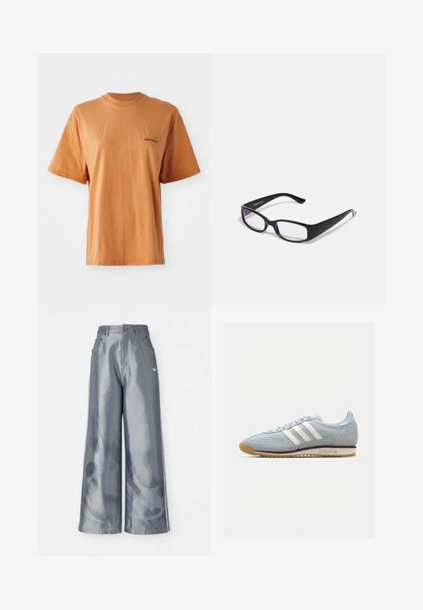 T-shirt de manga curta, com gola redonda, em algodão laranja apagado, apresentando um pequeno logótipo bordado em vermelho escuro no lado esquerdo do peito.; Calças de pernas largas em material cinza brilhante, com riscas brancas nas laterais e um padrão de chamas na parte inferior das pernas. Fecho com botão e fecho éclair na cintura.; Sneakers de camurça azul claro com três riscas brancas, sola de borracha e malha texturizada. Apresenta uma biqueira lisa e marca no calcanhar.; Óculos retangulares pretos com lentes transparentes. Acabamento brilhante, hastes estreitas e um tom roxo visível nas bordas das lentes.