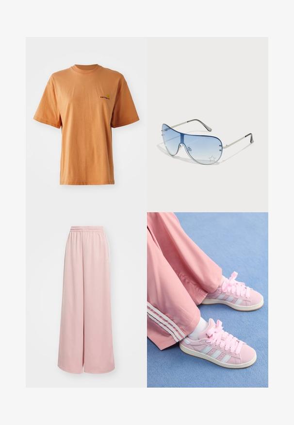 Tričko s krátkym rukávom a okrúhlym výstrihom v tlmenej oranžovej farbe vyrobené z bavlny, s malým vyšitým logom v tmavočervenej farbe na ľavej hrudi.; Svetloružové široké nohavice s elastickým pásom. Hladká tkanina s bočnými vreckami a jemným brandingom na ľavom stehne.; Ružové športové topánky so svetlomodrými pruhmi, okrúhlou špičkou a hrubými ružovými šnúrkami, kombinované s ružovými športovými nohavicami so bielymi bočnými pruhmi.; Pilotné slnečné okuliare s prechodovým modrým sklom, strieborným kovovým rámom a ozdobnými hviezdičkovými akcentmi na sklách. Hladký a elegantný dizajn.