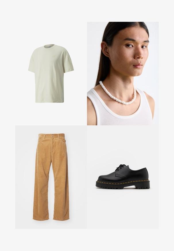 Majica od pamučne tkanine u krem boji s klasičnim okruglim izrezom, kratkim rukavima i suptilnim Puma logotipom u svjetlijoj nijansi na prsima.; Pamučne široke hlače od kordura u boji tamne bež. Imaju teksturirane, vertikalne pruge, standardni pojas i dva prednja džepa.; Crne kožne cipele sa vezanjem, okruglog vrha, sa teksturiranom gumom potplatom i žutim šavom oko baze. Ravni dizajn i glatka završna obrada.; Bijela ogrlica od školjki sastavljena od nepravilnih oblika, nošena preko uskog bijelog topa. Glatka tekstura s suptilnim sjajem, blizu tijela prilagođen dizajn.