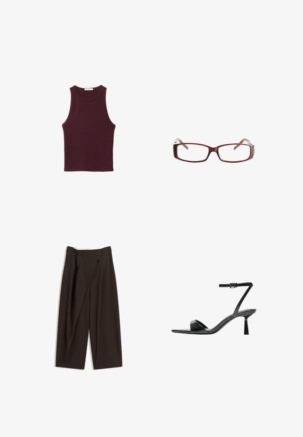 Maroon sleeveless tank top made from soft cotton material. Features a round neck and a fitted design, suitable for casual wear.; Dark brown wide-leg trousers with a high waist, featuring a single button closure and a pleated front. Made from lightweight fabric.; Bershka High heeled sandals - black; Red rectangular eyeglasses with a sleek design. Clear lenses, slightly translucent temples, and a gradient effect from red to gray.; Brown leather crossbody bag with a curved shape, gold hardware, and a buckle accent. Features a detachable shoulder strap.