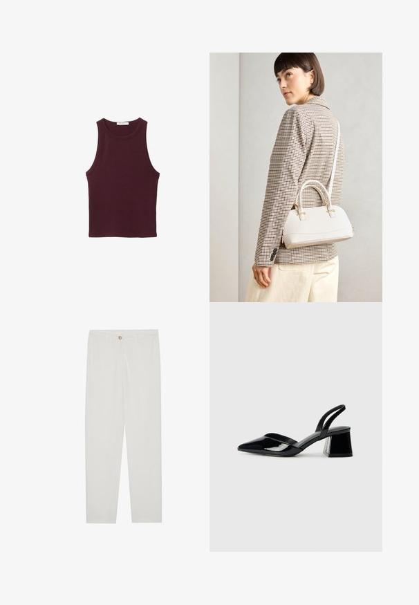 Bordeauxfarbenes ärmelloses Tanktop aus weichem Baumwollmaterial. Verfügt über einen runden Ausschnitt und eine taillierte Passform, ideal für Freizeitkleidung.; Weisse, maßgeschneiderte Hosen mit geradem Bein, die über einen Knopfverschluss, Gürtelschlaufen und Seitentaschen verfügen; glatte Stoffoberfläche.; Schwarze Lackleder-Slingback-High Heels mit spitzem Schuh und einem geometrischen Blockabsatz. Verfügt über ein schlankes, minimalistisches Design und eine glatte Textur.; Weiße strukturierte Handtasche mit kurzen Griffen und einem Schultergurt, ausgestattet mit goldfarbenen Hardware-Elementen und strukturiertem Material, vor einem grauen Hintergrund präsentiert.