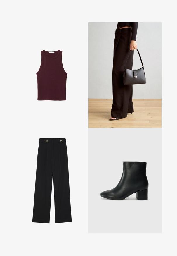 Bordowy bezrękawnik wykonany z miękkiego materiału bawełnianego. Posiada okrągły dekolt i dopasowany krój, idealny na codzienne noszenie.; Czarne szerokie spodnie z wysokim stanem, z detalami w postaci guzików na pasku oraz plisami z przodu.; Czarne skórzane botki za kostkę z ostrym noskiem i masywnym obcasem. Gładka tekstura z minimalnymi akcentami i elegancki, dopasowany fason.; Czarna torebka o usztywnionym kształcie, gładkiej fakturze i metalowym zapięciem. Połączona z szerokimi czarnymi spodniami i sandałami na otwartym palcu na drewnianej podłodze.