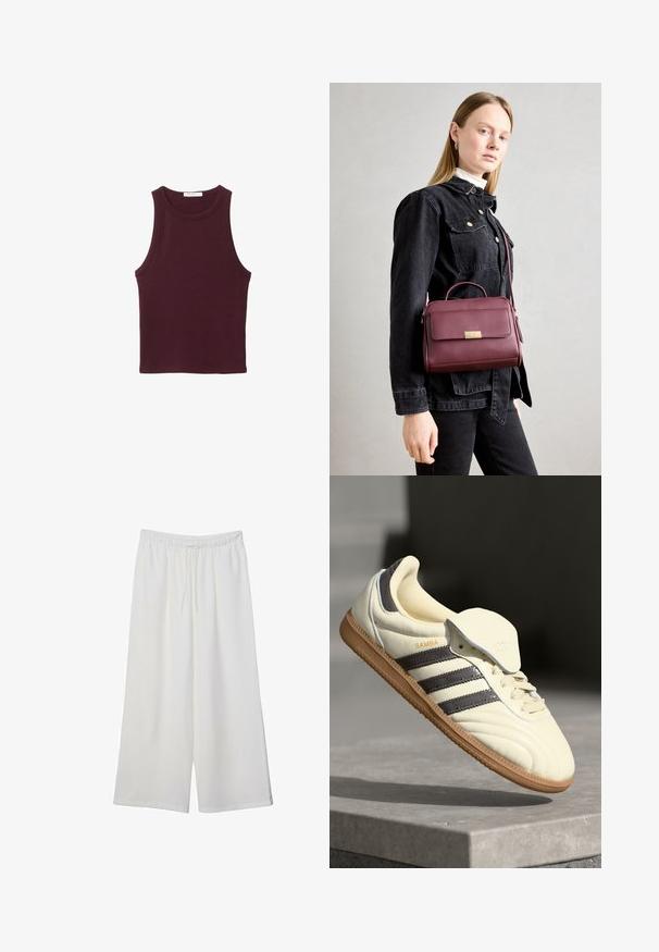 Canottiera senza maniche color bordeaux realizzata in morbido cotone. Presenta un colletto rotondo e un design aderente, adatta per l'abbigliamento casual.; Pantaloni bianchi a gamba larga realizzati in tessuto leggero, dotati di una vita elastica e di un cordino per una vestibilità regolabile. Texture liscia.; Sneaker in pelle crema con tre strisce scure, suola in gomma marrone e punta arrotondata. Presenta una linguetta pieghevole etichettata "SAMBA".; Borsa a mano in pelle borgogna con chiusura in oro, forma strutturata, manico superiore e tracolla regolabile. Il modello indossa una giacca di denim.