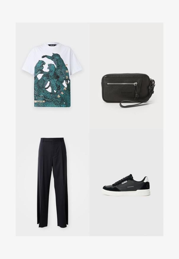 Just Cavalli PLACED FULL LEOPARD - Triko s potiskem - white; Černé kalhoty s vysokým pasem a širokým střihem, vyrobené z hladké látky. Mají přední sklady a poutka na opasek. Minimalistický design, bez viditelného kovového hardwaru.; Černobílé nízké tenisky s černými šňůrkami, bílou podrážkou, logem Just Cavalli na boku a bílým patním páskem.; Černá kožená kabelka s texturovaným povrchem, přední kapsou na zip a odnímatelným zápěstním poutkem. Na přední straně se nachází logo. Obdélníkový tvar.