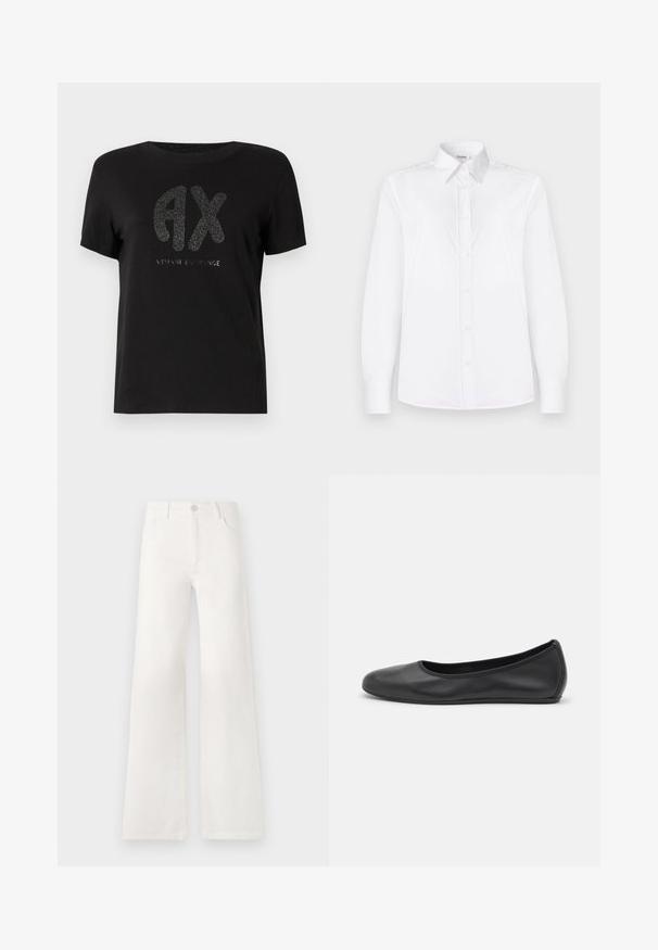 Černé bavlněné tričko s krátkým rukávem, které má velké třpytivé logo "AX" a pod ním lesklý text "ARMANI EXCHANGE".; Bílá košile s dlouhým rukávem vyrobená z hladké tkaniny, s klopovým límečkem a předním zapínáním na knoflíky v světle růžové barvě.; Bílé džíny s vysokým pasem a širokými nohavicemi vyrobené z denimové látky. Mají zapínání na knoflík, dvě přední kapsy a boční švy se švy.; Černé kožené baletní byty s kulatou špičkou, hladkou texturou, minimálními švy a flexibilním designem podrážky.