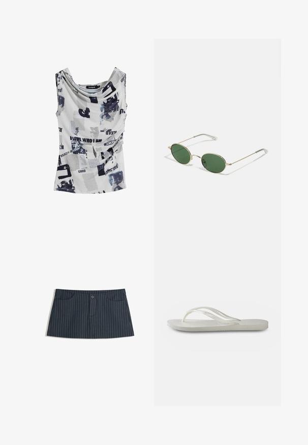 Vit ärmlös topp med en cowl-krage, med en blandning av svart text och abstrakta blå mönster. Mjuk, lättviktig tyg.; Navyblå randig minikjol med framfickor och en enkel knappstängning i midjan.; Vit flip-flop med en strukturerad sula, som har tunna remmar och en platt design. Tillverkad av gummi med en diskret logotyp på fotsulan.; Solförmda solglasögon med guldram och gröna ovala linser samt tunna metalldelar. Utrustad med klara plastspetsar på armarna för ökad komfort.; Svart läderhandväska med en strukturerad design, handtag på toppen och fransdetaljer. Utrustad med en avtagbar axelrem för mångsidighet.