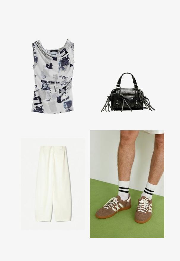 Hvid ærmeløs top med en cowl-halsudskæring, prydet med en blanding af sort tekst og abstrakte blå mønstre. Blødt, letvægtsstof.; Bredde bukser i et blødt cremfabric, med en glat tekstur, forreste lommer og en afslappet pasform med en mid-rise talje.; Brune ruskind sneakers med hvide detaljer og snørebånd. Gummisål i naturgummi. Båret med hvide sokker med sorte striber. Grøn struktureret gulv.; Sort læderhandtaske med flettede håndtag, tekstureret overflade, lynlåslomme foran og dekorative frynse-accenter. Kompakt og struktureret form.