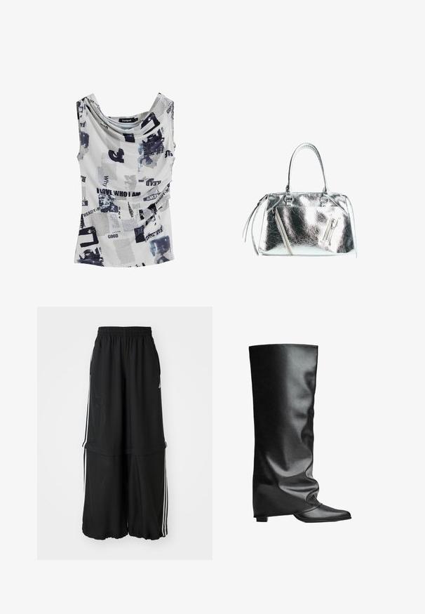 White sleeveless top with a cowl neckline, featuring a mix of black text and abstract blue patterns. Soft, lightweight fabric.; Black athletic pants featuring an elastic waistband, side stripes, and a loose fit with a gathered hem for a flowy silhouette.; Black leather knee-high boots with a smooth texture, slouchy design, pointed toe, and a low square heel. Minimalist style with no visible hardware.; Metallic silver handbag with a structured shape, two top handles, and zippered pockets on the front. Smooth, shiny texture.