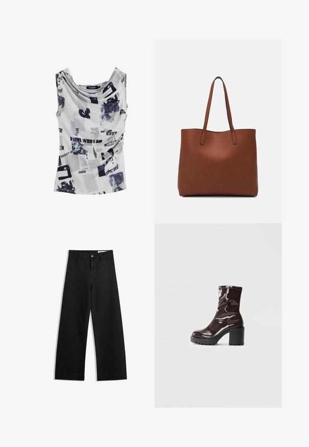 White sleeveless top with a cowl neckline, featuring a mix of black text and abstract blue patterns. Soft, lightweight fabric.; Black wide-leg denim pants with a high waist, featuring front and back pockets, stitched seams, and a button closure. Smooth texture.; Glossy burgundy ankle boot with a chunky black heel, featuring a smooth texture and simple design. No visible fastenings or patterns.; Brown leather tote bag with a smooth texture, open top design, and two shoulder straps. Features minimal stitching and no visible hardware.